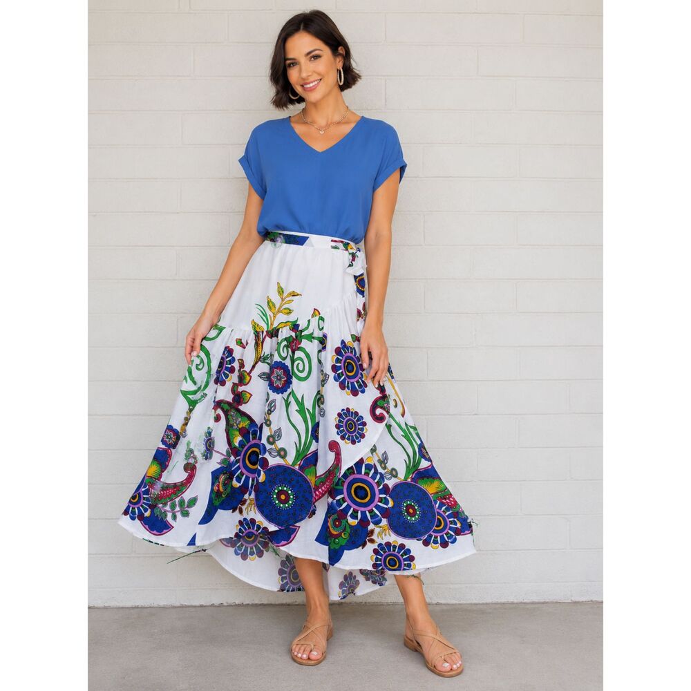 NWT Sacred Threads OS M L Blues Colorful Exotic Garden Cotton Full Wrap Skirt